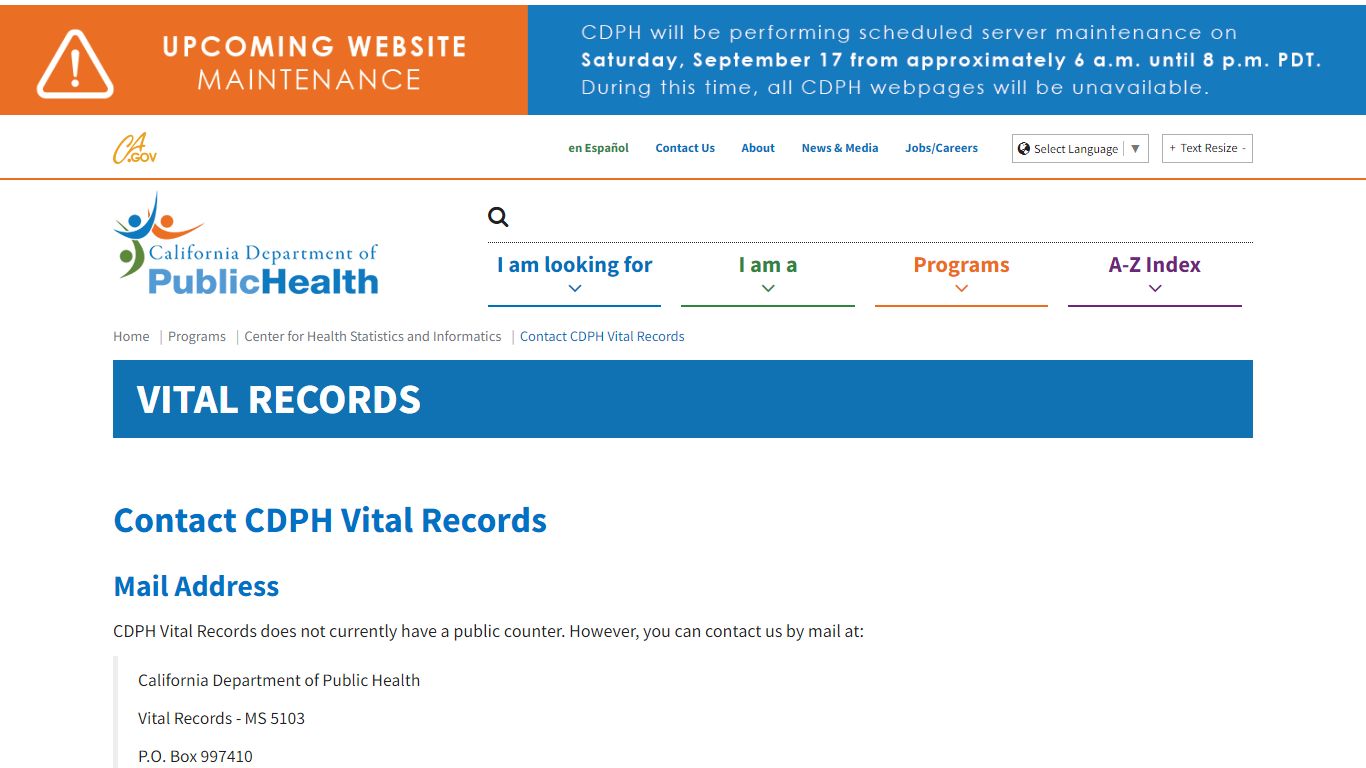 Contact CDPH Vital Records - California